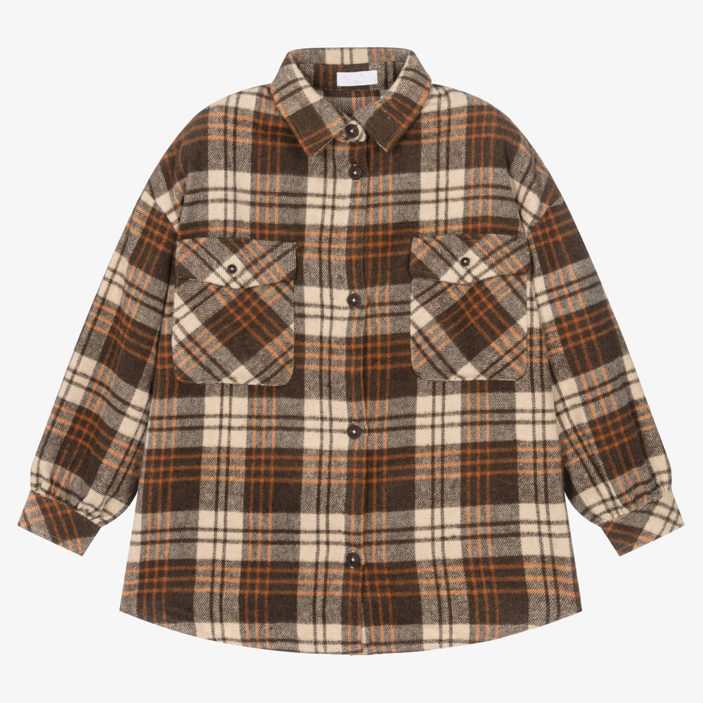 Fun & Fun - Girls Brown Check Shacket | Childrensalon