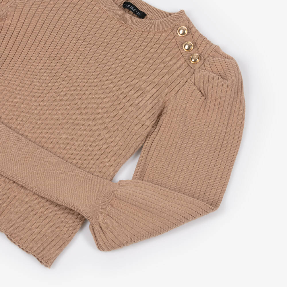 Fun & Fun-Girls Brown Knitted Puff Sleeve Sweater | Childrensalon Outlet