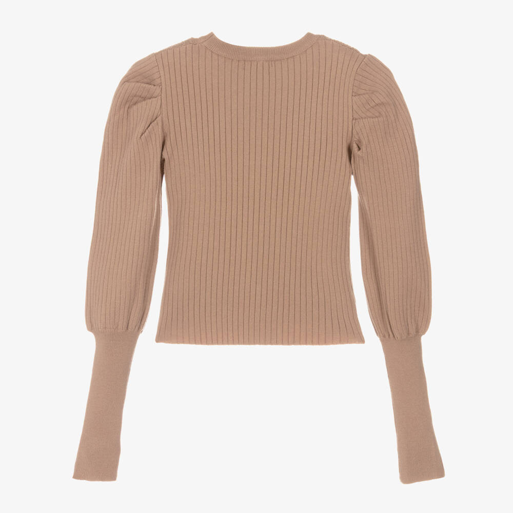 Fun & Fun-Girls Brown Knitted Puff Sleeve Sweater | Childrensalon Outlet