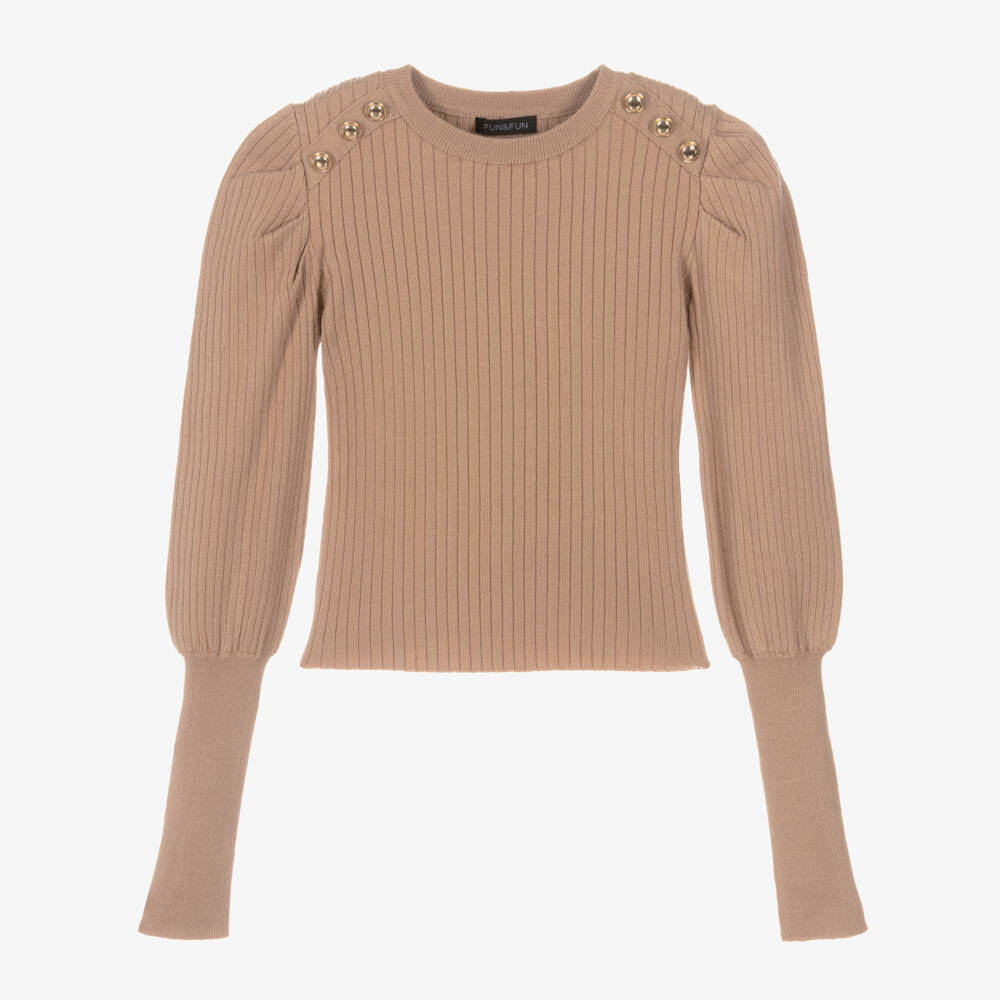Fun & Fun-Girls Brown Knitted Puff Sleeve Sweater  | Childrensalon Outlet