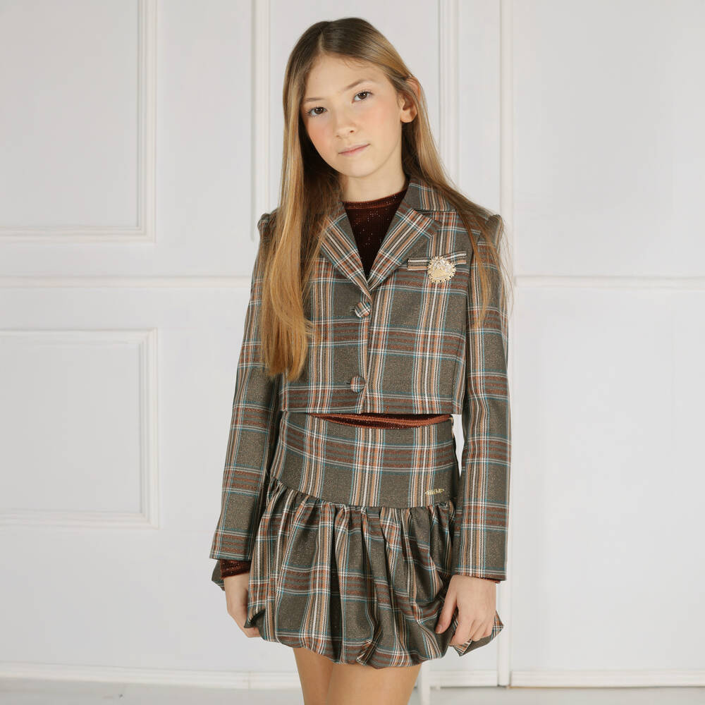 Fun & Fun-Girls Brown Tartan Skirt with Bubble Hem | Childrensalon Outlet