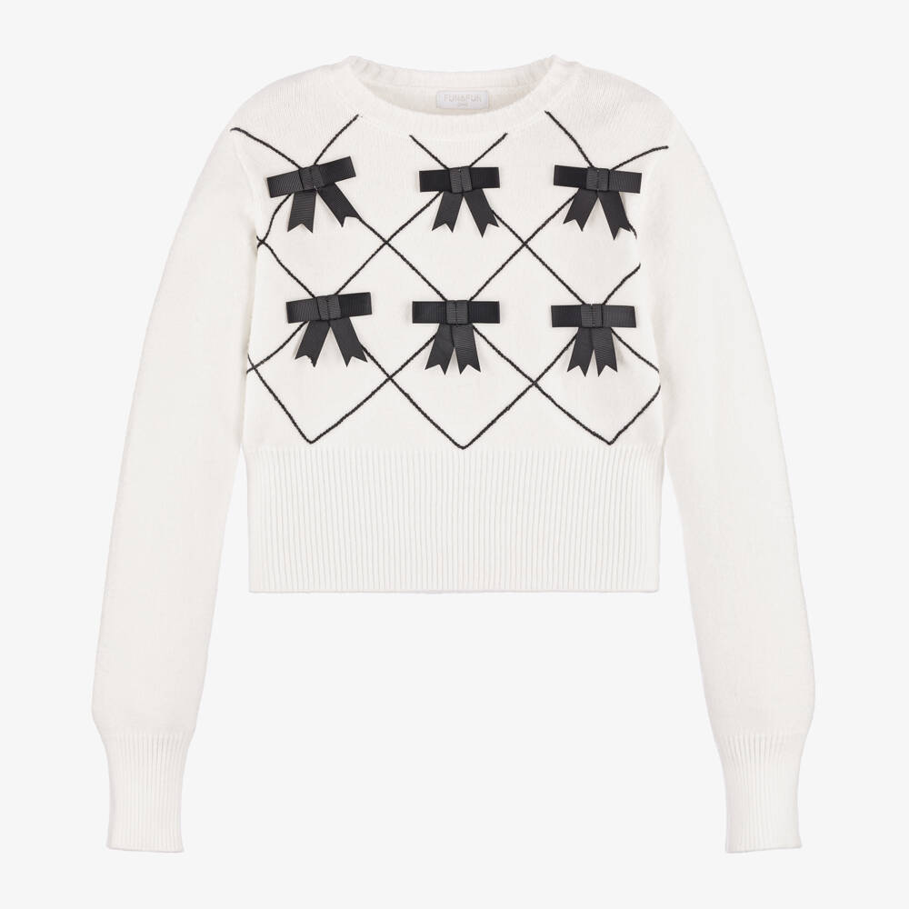 Fun & Fun-Girls Cream Satin Bow Jumper | Childrensalon Outlet
