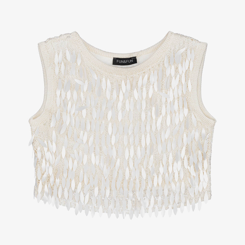Fun & Fun-Girls Cream Sequin Floral Knit Top | Childrensalon Outlet