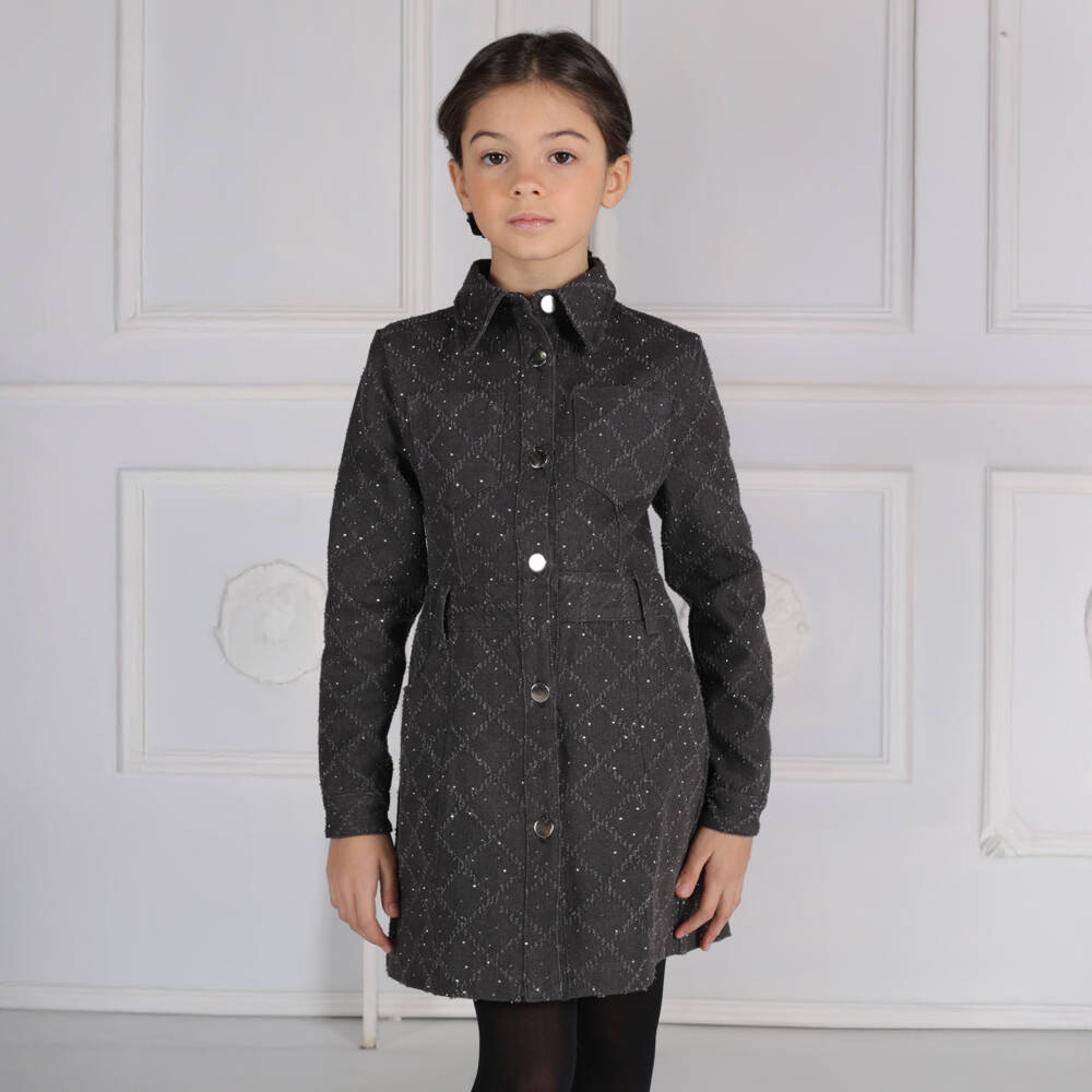 Fun & Fun-Girls Dark Grey Diamanté Denim Dress | Childrensalon Outlet