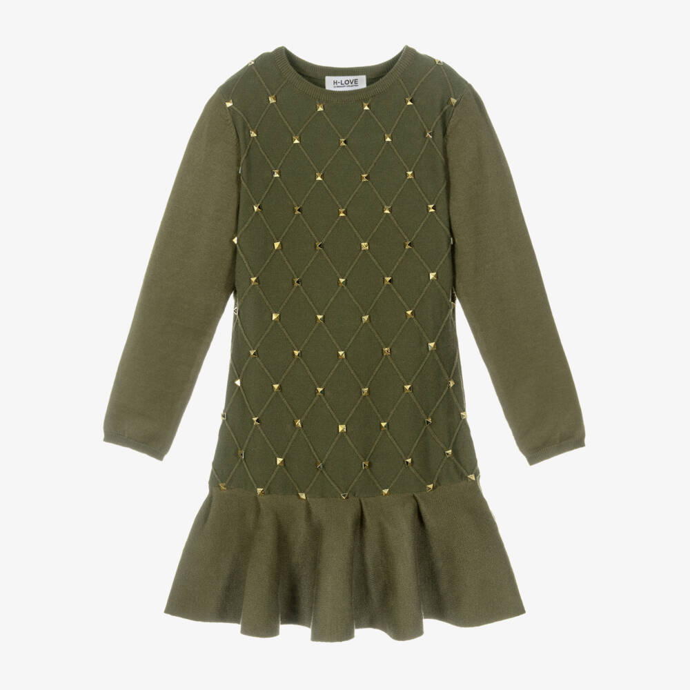 Fun & Fun-Girls Green Long Sleeve Knitted Dress with Gold Studs | Childrensalon Outlet