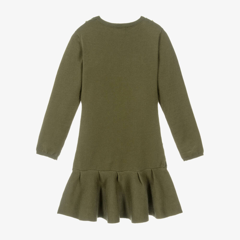 Fun & Fun-Girls Green Long Sleeve Knitted Dress with Gold Studs | Childrensalon Outlet