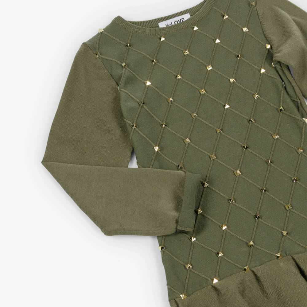 Fun & Fun-Girls Green Long Sleeve Knitted Dress with Gold Studs | Childrensalon Outlet