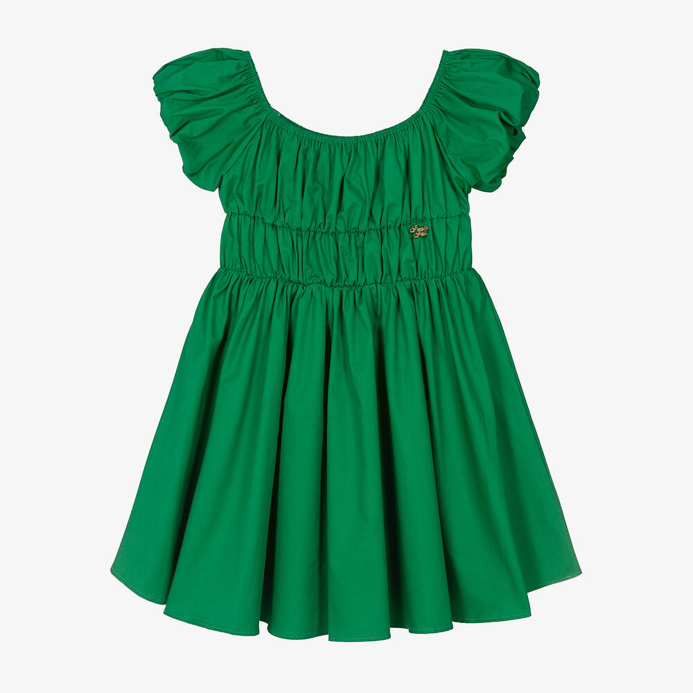 Fun & Fun - Girls Green Ruched Cotton Dress | Childrensalon