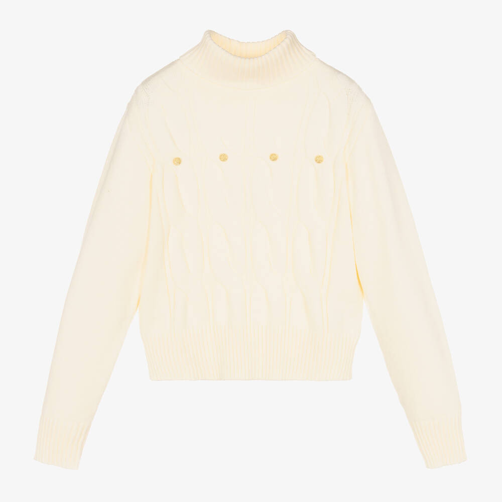 Girls Ivory Cable Knit Polo Neck Sweater