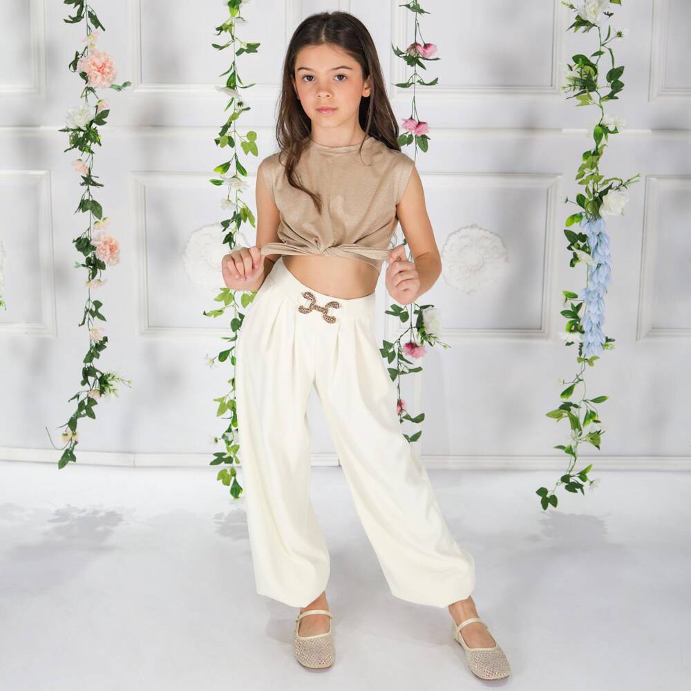 Fun & Fun-Girls Ivory Crêpe Trousers with Diamanté Buckle | Childrensalon Outlet