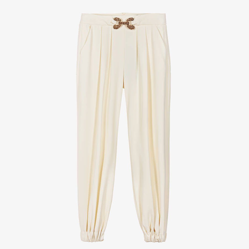Fun & Fun-Girls Ivory Crêpe Trousers with Diamanté Buckle | Childrensalon Outlet