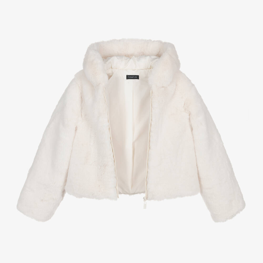 Fun & Fun-Girls Ivory Hooded Faux Fur Jacket | Childrensalon Outlet