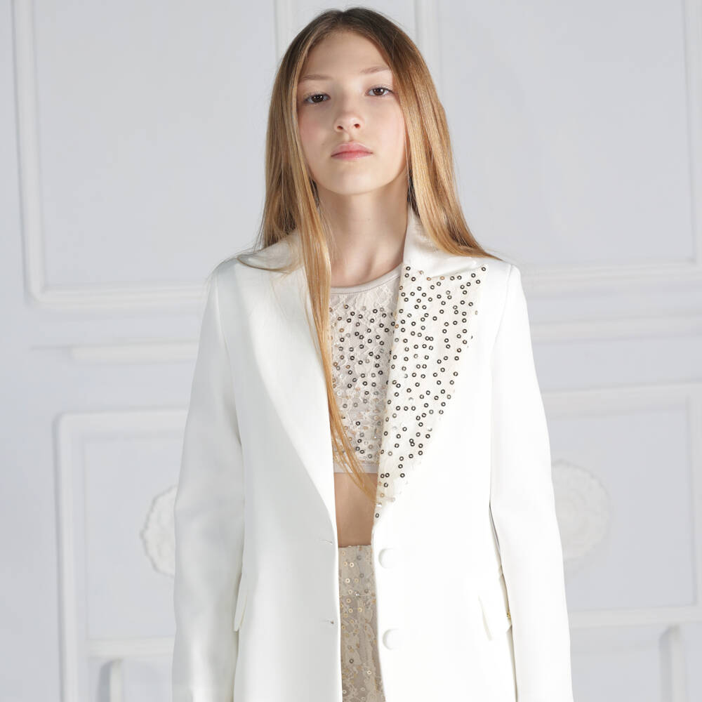 Fun & Fun-Girls Ivory Longline Blazer with Lace & Sequins | Childrensalon Outlet