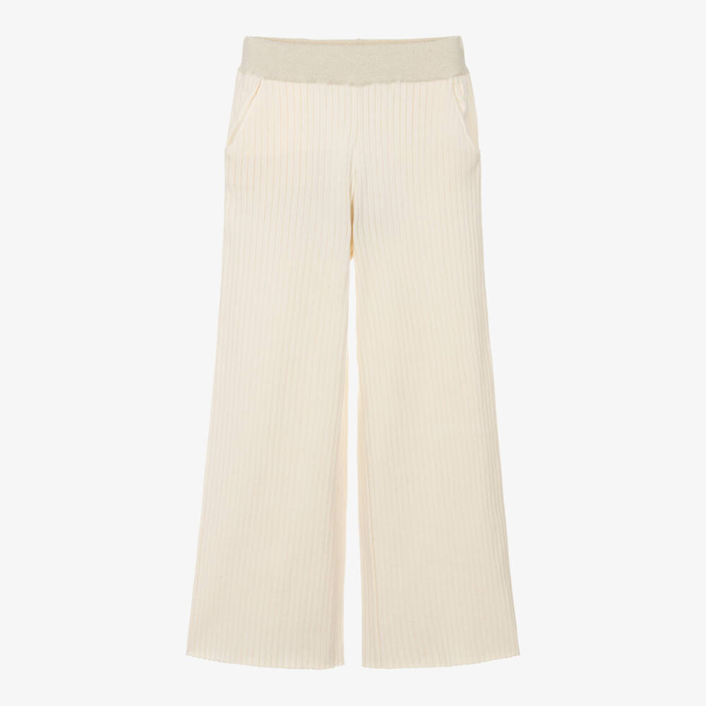 Fun & Fun-Girls Ivory Ribbed Knit Trousers with Glitter Trim | Childrensalon Outlet