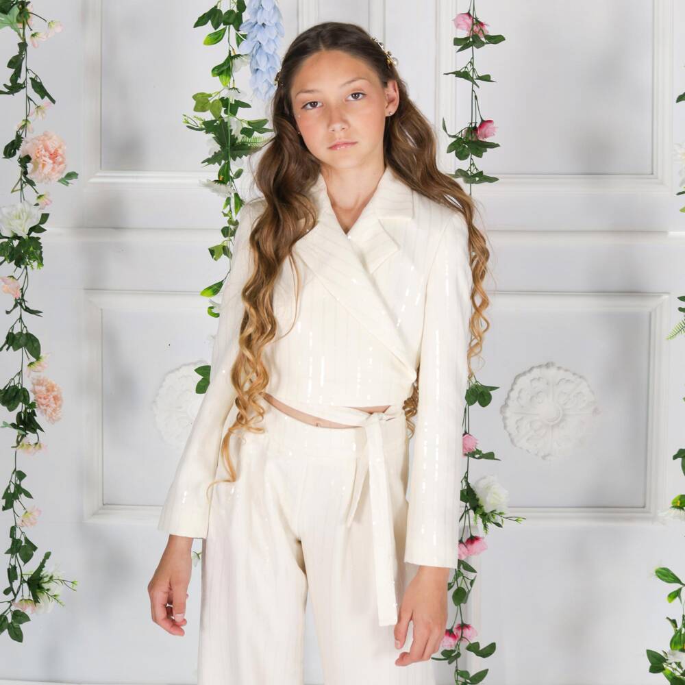 Fun & Fun-Girls Ivory Sequinned Cropped Blazer with Ties | Childrensalon Outlet