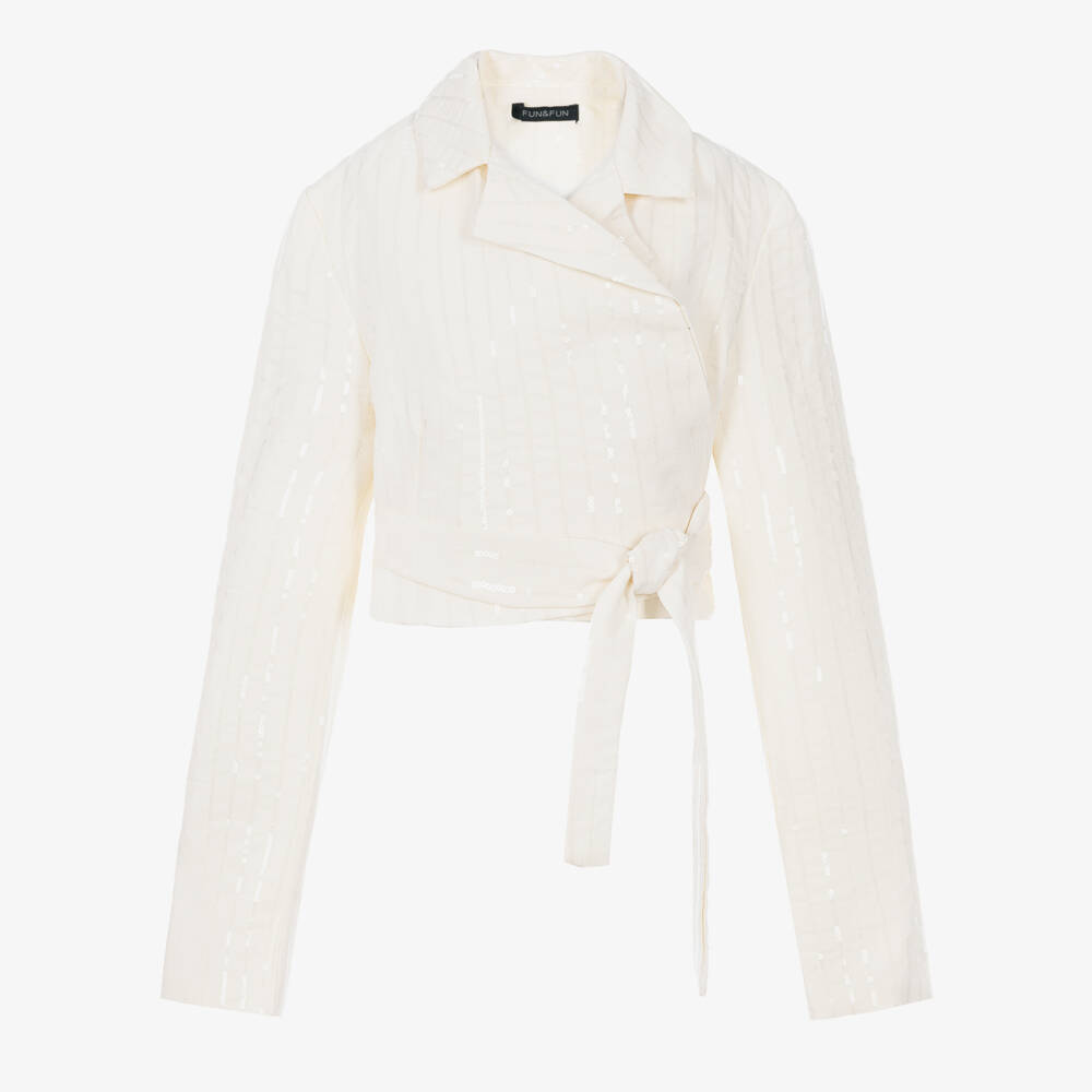 Fun & Fun-Girls Ivory Sequinned Cropped Blazer with Ties | Childrensalon Outlet