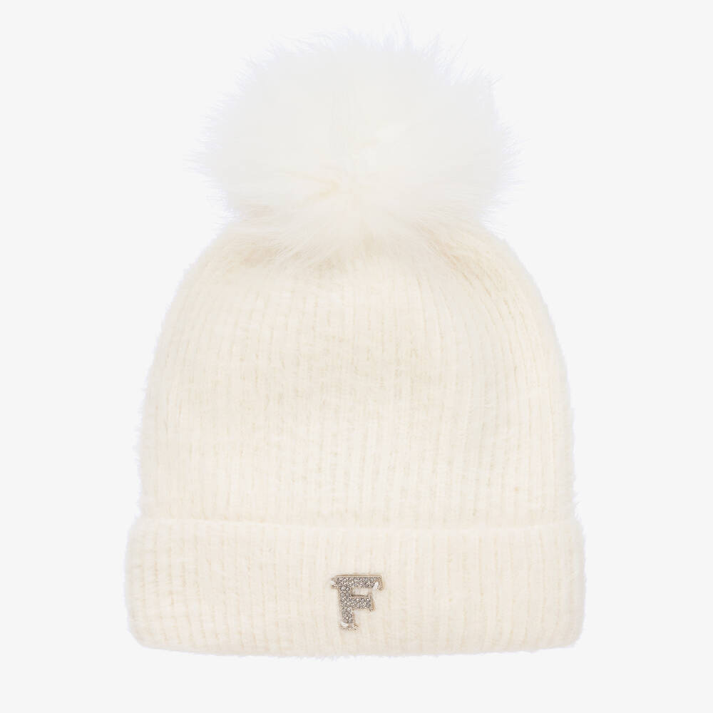 Fun & Fun - Girls Ivory Wool & Cashmere Pom-Pom Hat | Childrensalon