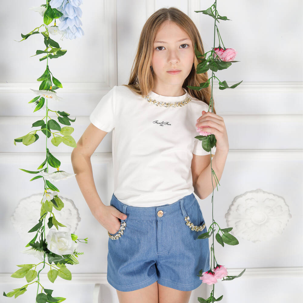 Fun & Fun-Girls Light Blue Denim Shorts with Rhinestone Trims | Childrensalon Outlet