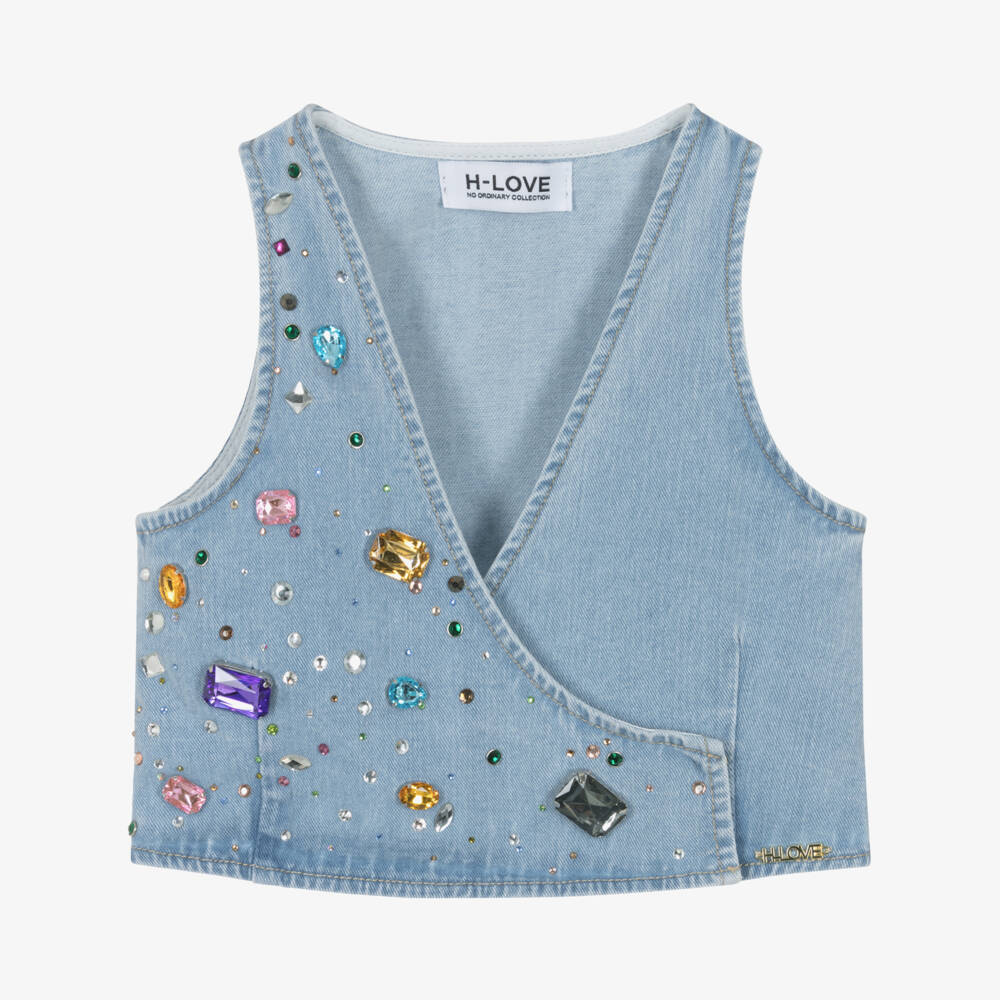 Fun & Fun-Girls Light Blue Denim Waistcoat with Jewels | Childrensalon Outlet