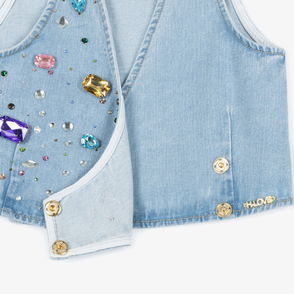 Fun & Fun-Girls Light Blue Denim Waistcoat with Jewels | Childrensalon Outlet