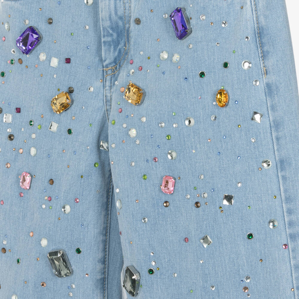 Fun & Fun-Girls Light Blue Wide Leg Jeans with Jewels | Childrensalon Outlet