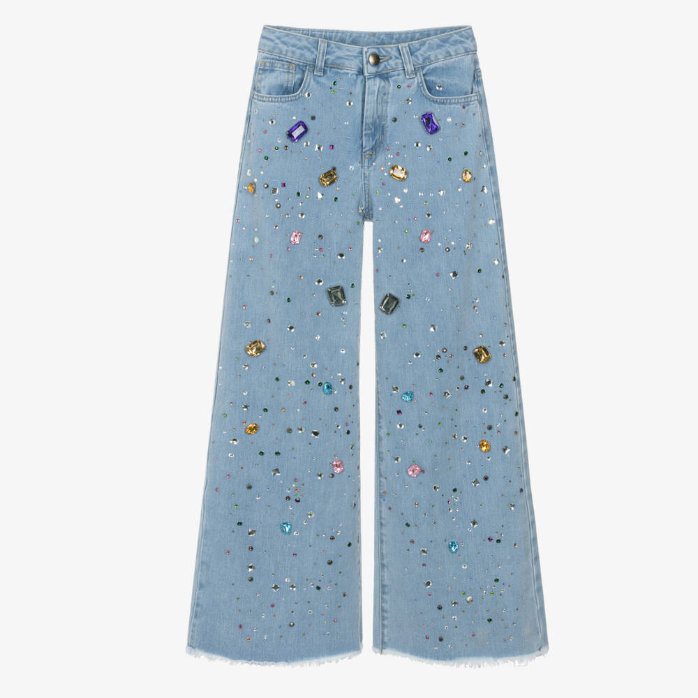 Fun & Fun-Girls Light Blue Wide Leg Jeans with Jewels | Childrensalon Outlet