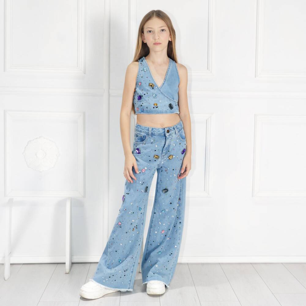 Fun & Fun-Girls Light Blue Wide Leg Jeans with Jewels | Childrensalon Outlet