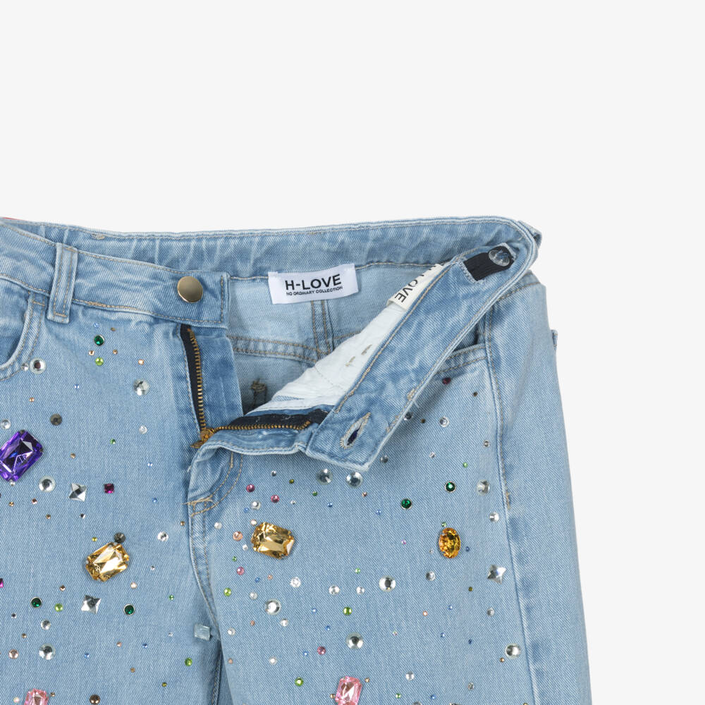 Fun & Fun-Girls Light Blue Wide Leg Jeans with Jewels | Childrensalon Outlet
