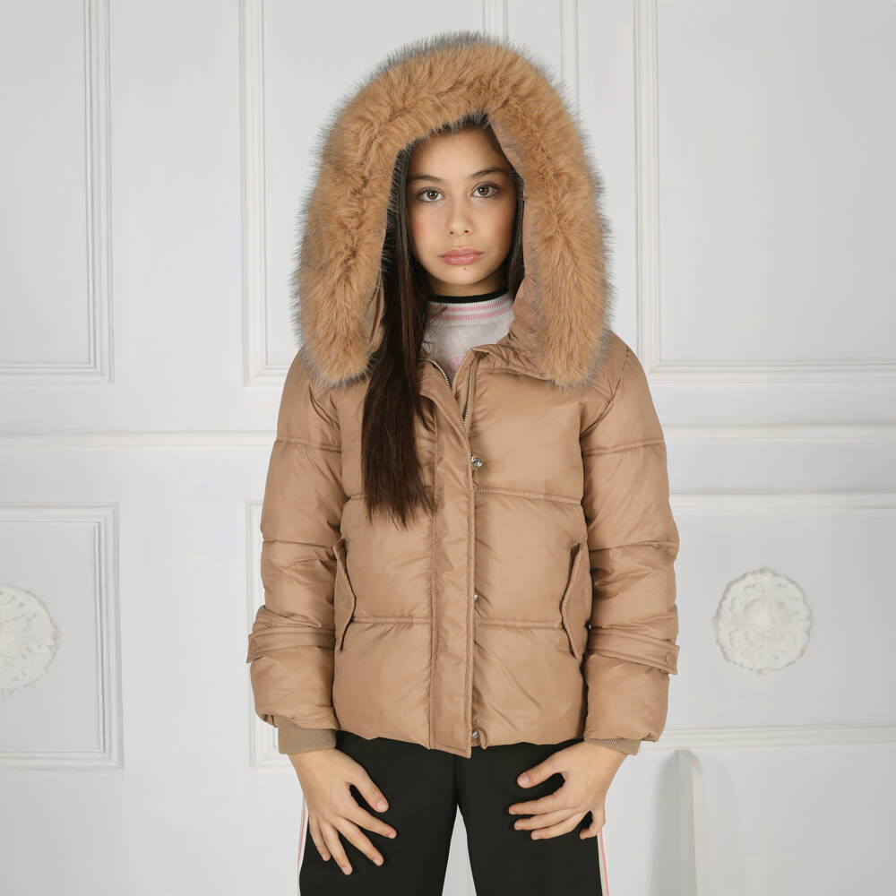 Fun & Fun-معطف منفوخ بلون بني فاتح للبنات مع فرو صناعي | Childrensalon Outlet
