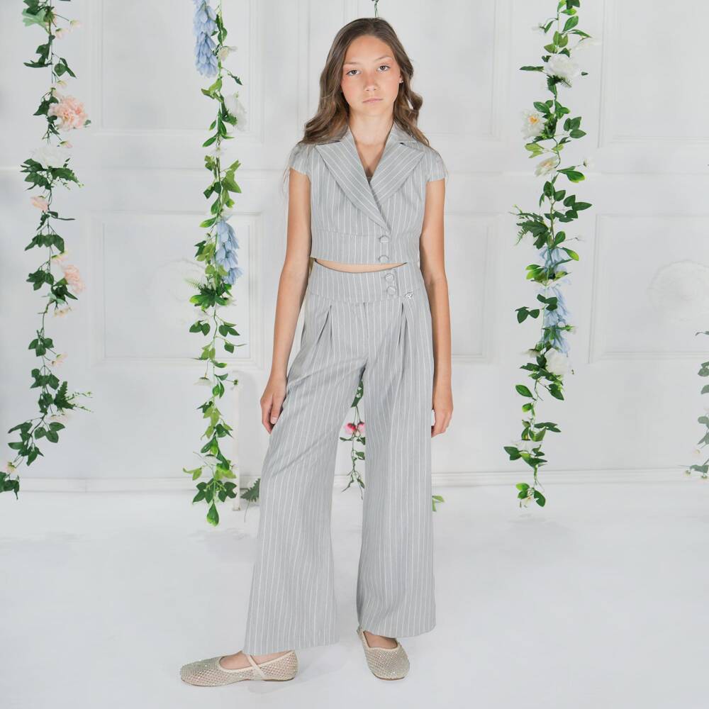 Fun & Fun-Girls Light Grey Pinstripe Cropped Blazer | Childrensalon Outlet