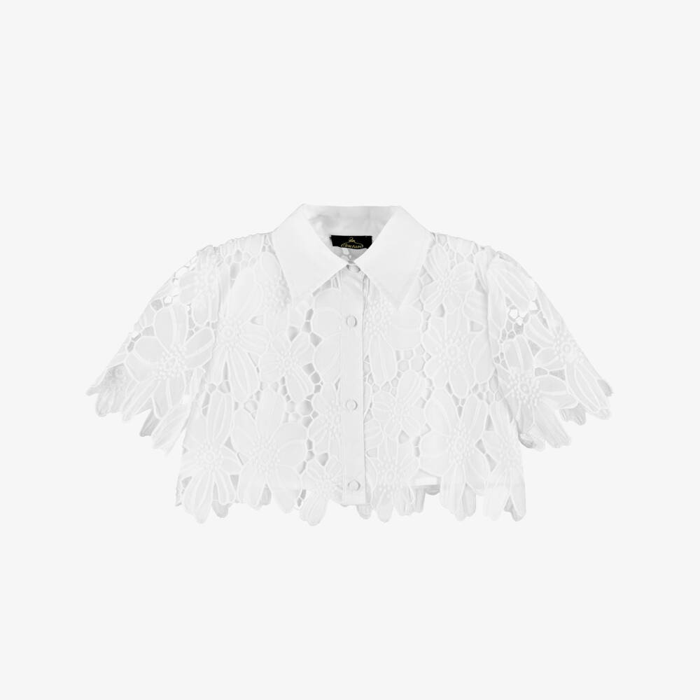 Fun & Fun-Girls Off-White Embroidered Flower Lace Cropped Blouse | Childrensalon Outlet