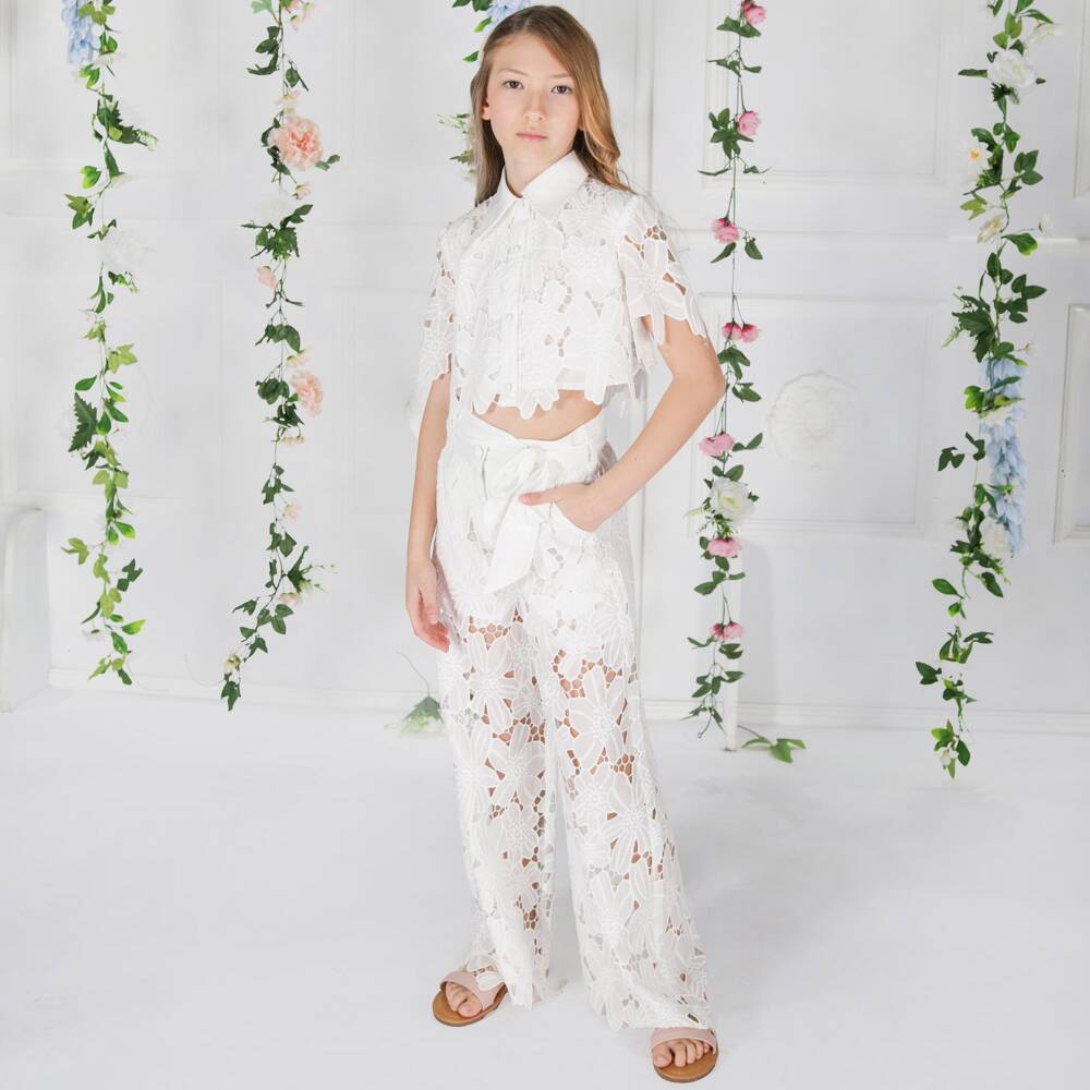 Fun & Fun-Girls Off-White Embroidered Flower Lace Cropped Blouse | Childrensalon Outlet