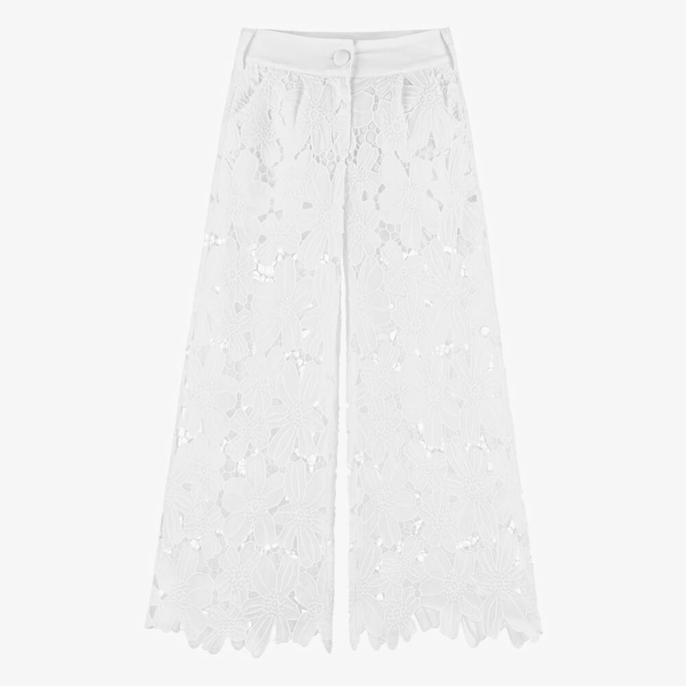 Fun & Fun-Girls Off-White Embroidered Flower Lace Wide Leg Trousers | Childrensalon Outlet