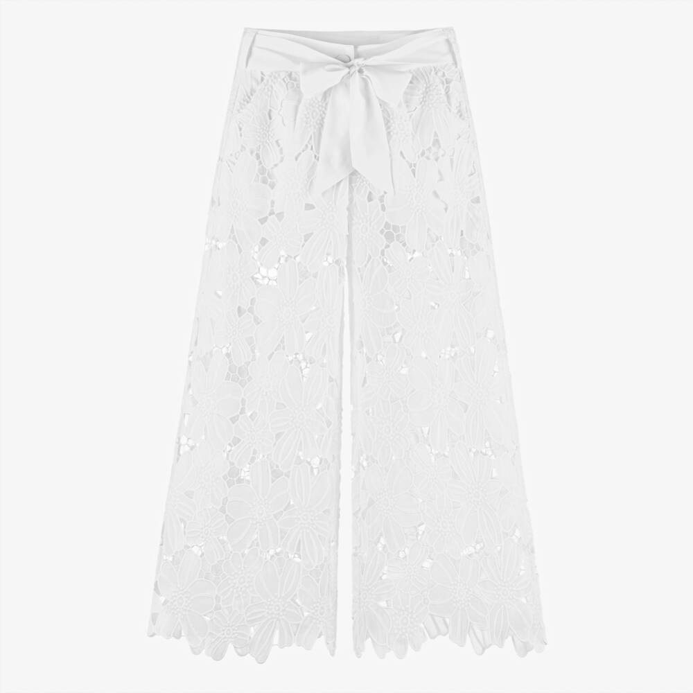 Fun & Fun-Girls Off-White Embroidered Flower Lace Wide Leg Trousers | Childrensalon Outlet