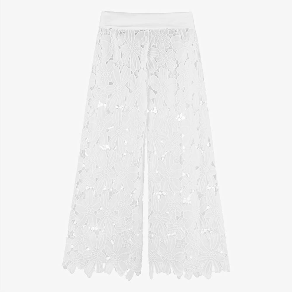 Fun & Fun-Girls Off-White Embroidered Flower Lace Wide Leg Trousers | Childrensalon Outlet
