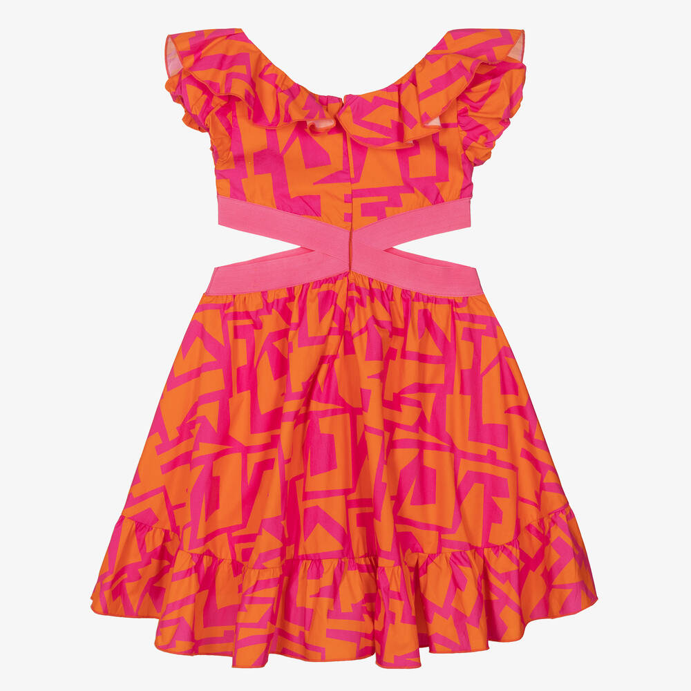 Fun & Fun-Оранжево-розовое платье из хлопкового поплина | Childrensalon Outlet