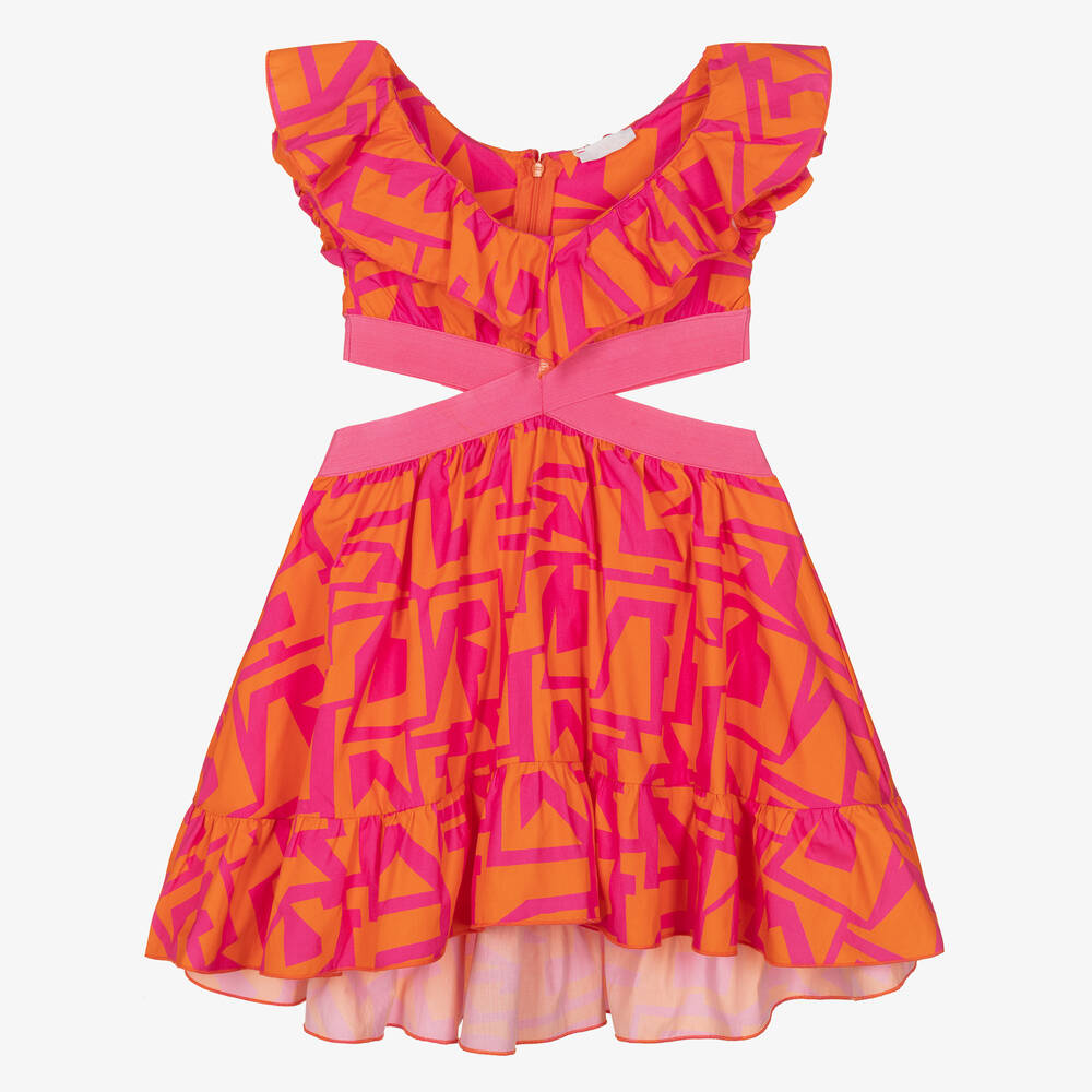 Fun & Fun - Girls Orange & Pink Cotton Poplin Dress | Childrensalon