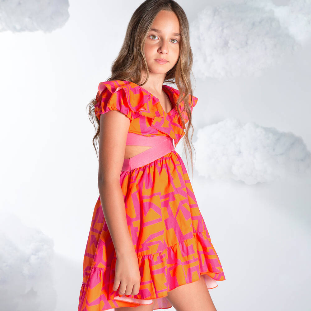 Fun & Fun-Оранжево-розовое платье из хлопкового поплина | Childrensalon Outlet