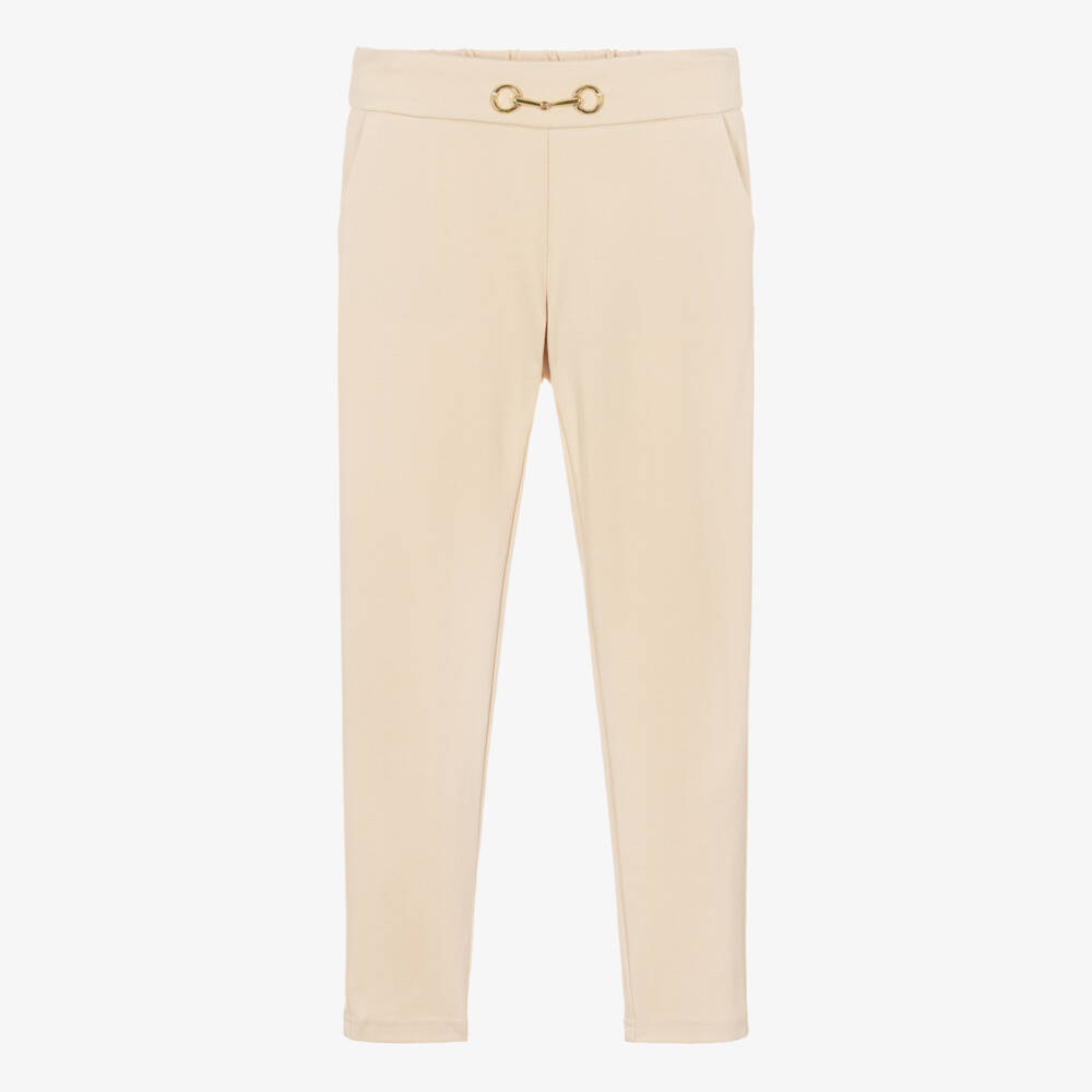 Fun & Fun-Girls Pale Beige Jersey Trousers with Gold Horsebit Detail | Childrensalon Outlet