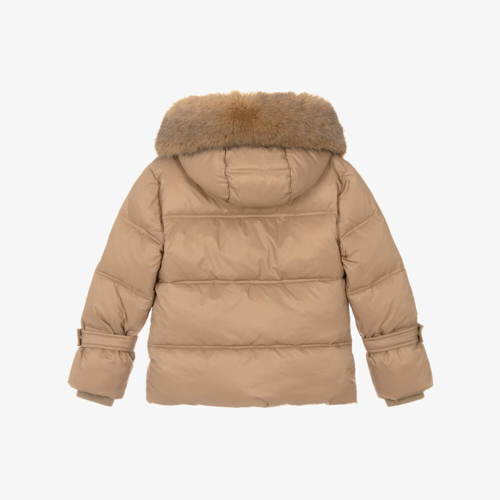 Fun & Fun-معطف منفوخ بلون بني فاتح للبنات مع فرو صناعي | Childrensalon Outlet