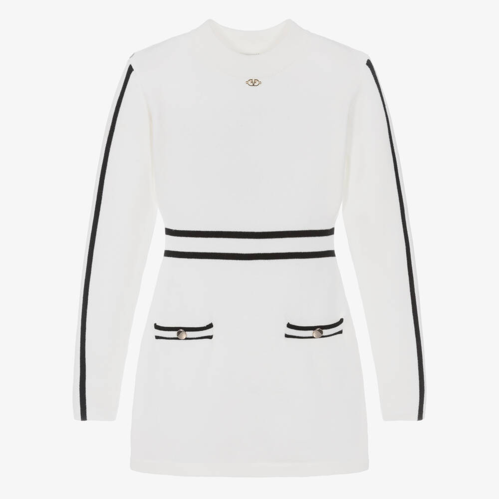 Fun & Fun-Girls White & Black Stripe Knitted Dress | Childrensalon Outlet