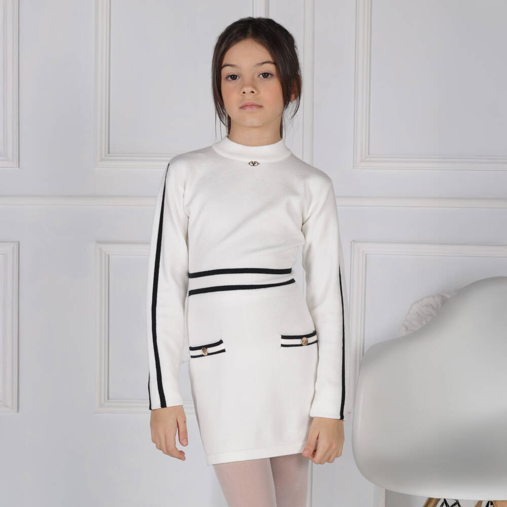 Fun & Fun-Girls White & Black Stripe Knitted Dress | Childrensalon Outlet