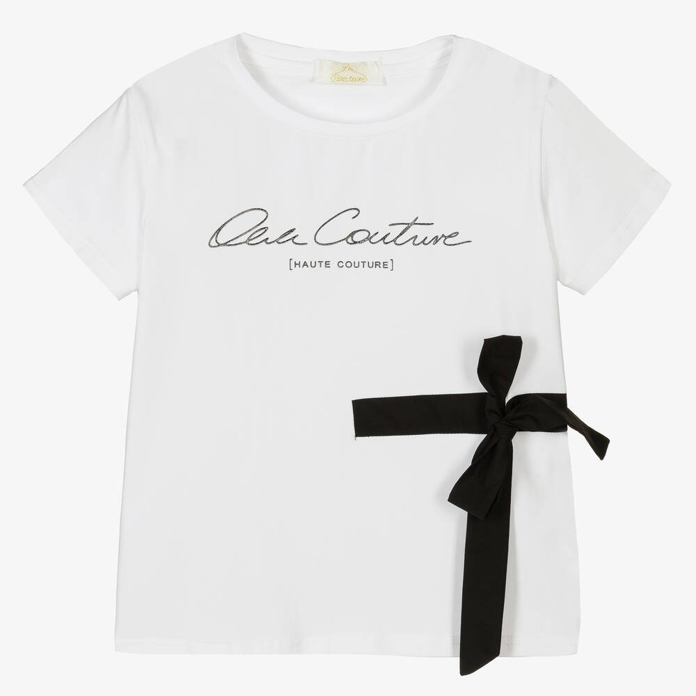 Fun & Fun - T-shirt blanc en coton à nœud fille | Childrensalon