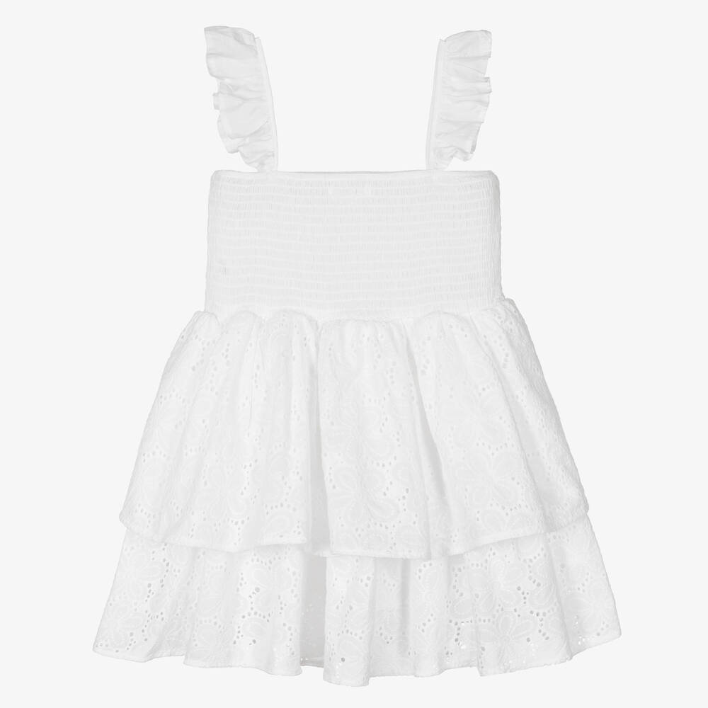Fun & Fun-Girls White Cotton Broderie Anglaise Dress | Childrensalon Outlet