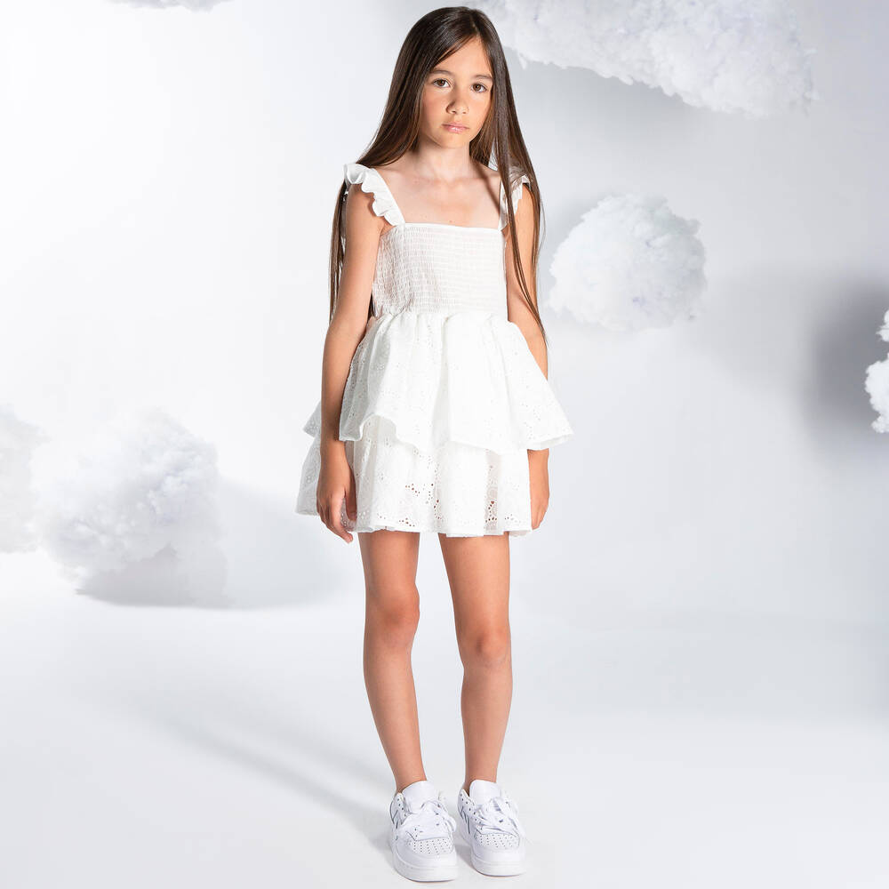 Fun & Fun-Girls White Cotton Broderie Anglaise Dress | Childrensalon Outlet