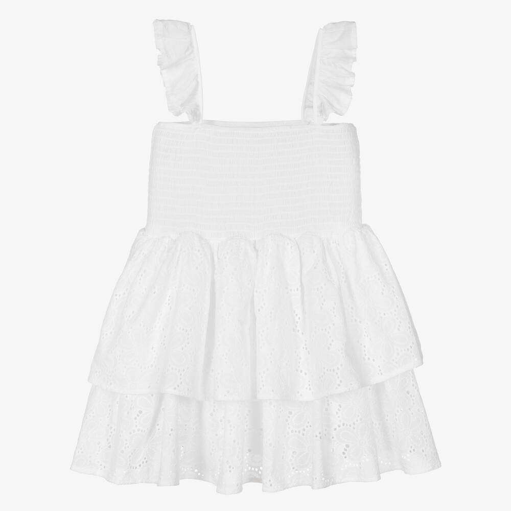 Fun & Fun - Girls White Cotton Broderie Anglaise Dress | Childrensalon