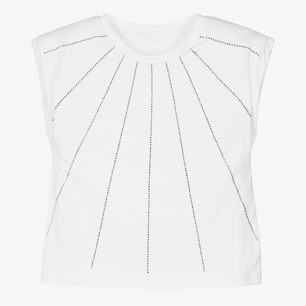 Fun & Fun - Girls White Cotton Diamanté Top | Childrensalon