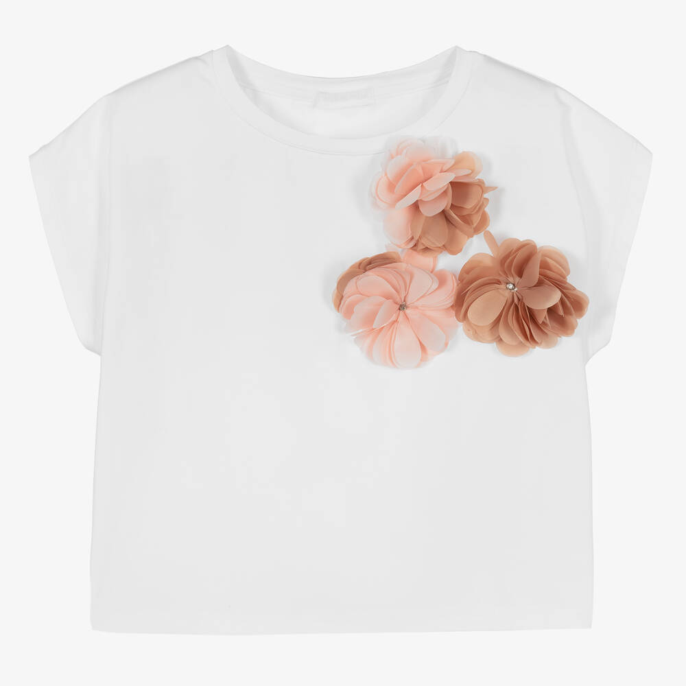 Fun & Fun - Girls White Cotton Floral Top | Childrensalon