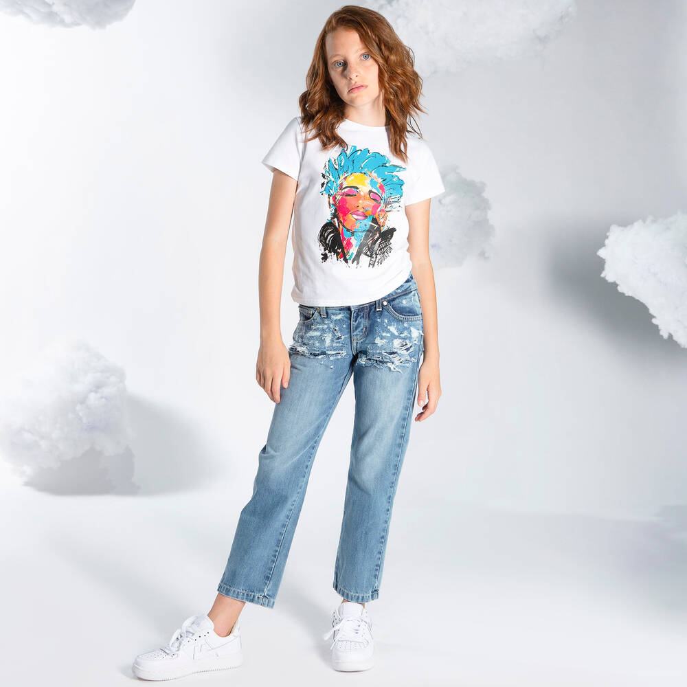 Fun & Fun-تيشيرت قطن جيرسي لون أبيض للبنات | Childrensalon Outlet