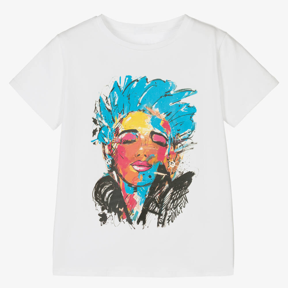 Fun & Fun - Girls White Cotton Graphic T-Shirt | Childrensalon